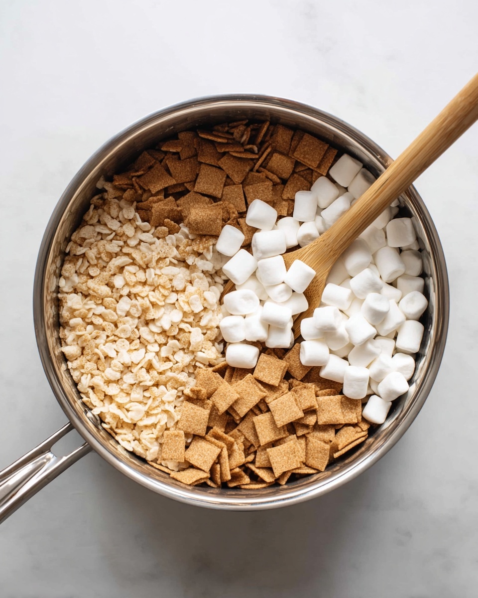 Inside a silver pot sitting on a white marbled surface, there are three distinct layers of ingredients: light beige puffy rice cereal fills one section, light brown square cereal pieces fill the next, and a pile of small white marshmallows fills the last section. A wooden spoon rests inside the pot, partially touching the marshmallows and cereals. The pot’s two metal handles are visible on each side, and the overall scene is bright and clean. Photo taken with an iphone --ar 4:5 --v 7