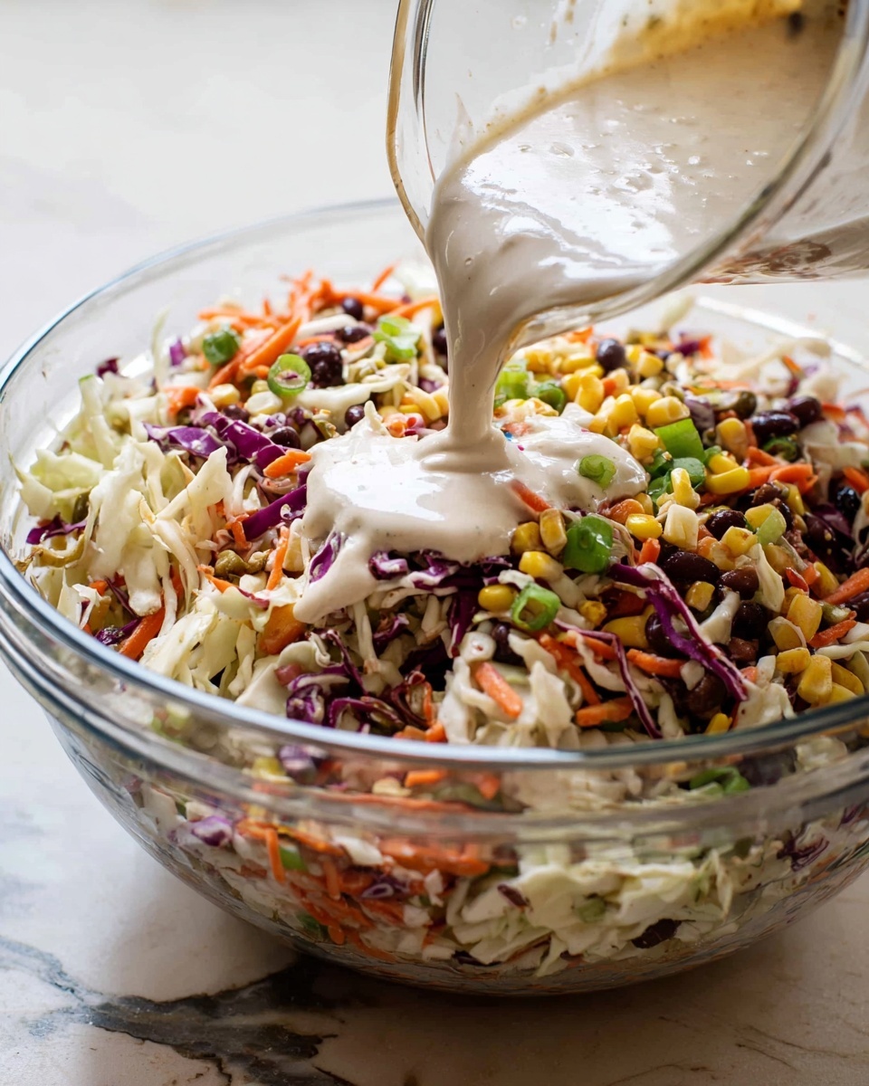 A clear glass bowl with a colorful mix of shredded white cabbage, purple cabbage, small orange carrot pieces, yellow corn kernels, chopped green onions, and black beans fills the frame. Over the vegetables, a creamy white dressing is being poured from a measuring cup, creating a smooth splash on top. The scene is set on a surface with a white marbled texture. Photo taken with an iphone --ar 4:5 --v 7