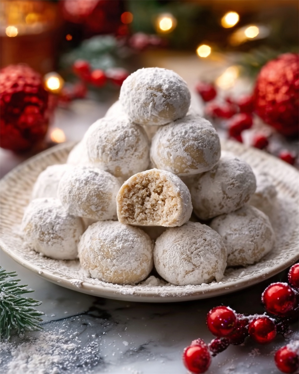 The image shows a white plate filled with round cookie balls covered in white powdered sugar. The cookies are stacked in a pyramid shape with two cookies cut open in the front to show a light brown crumbly inside. The plate sits on a white marbled surface with red berries and green pine needles partially visible around it. In the background, there are blurred Christmas lights and other red and white sugared treats. The scene gives a festive, cozy feeling with soft warm lighting. Photo taken with an iphone --ar 4:5 --v 7