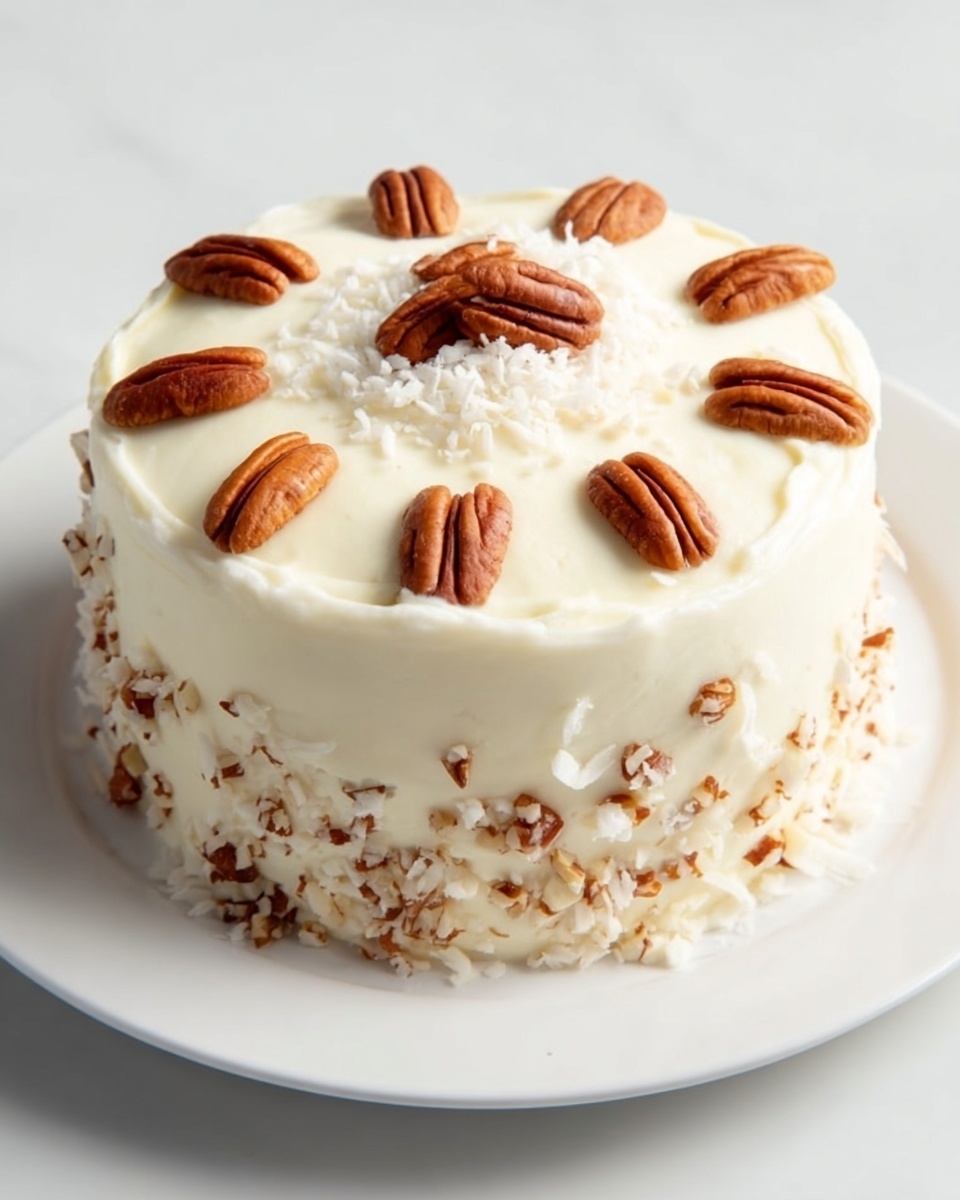 A small, round cake with three visible layers covered in smooth white frosting. The top layer is decorated with eight evenly spaced whole pecan halves around the edge and a small pile of chopped nuts and white coconut flakes in the center. The sides of the cake are coated with frosting and sprinkled unevenly with chopped nuts, adding texture to the creamy white surface. The cake sits on a plain white plate, placed on a white marbled surface. photo taken with an iphone --ar 4:5 --v 7