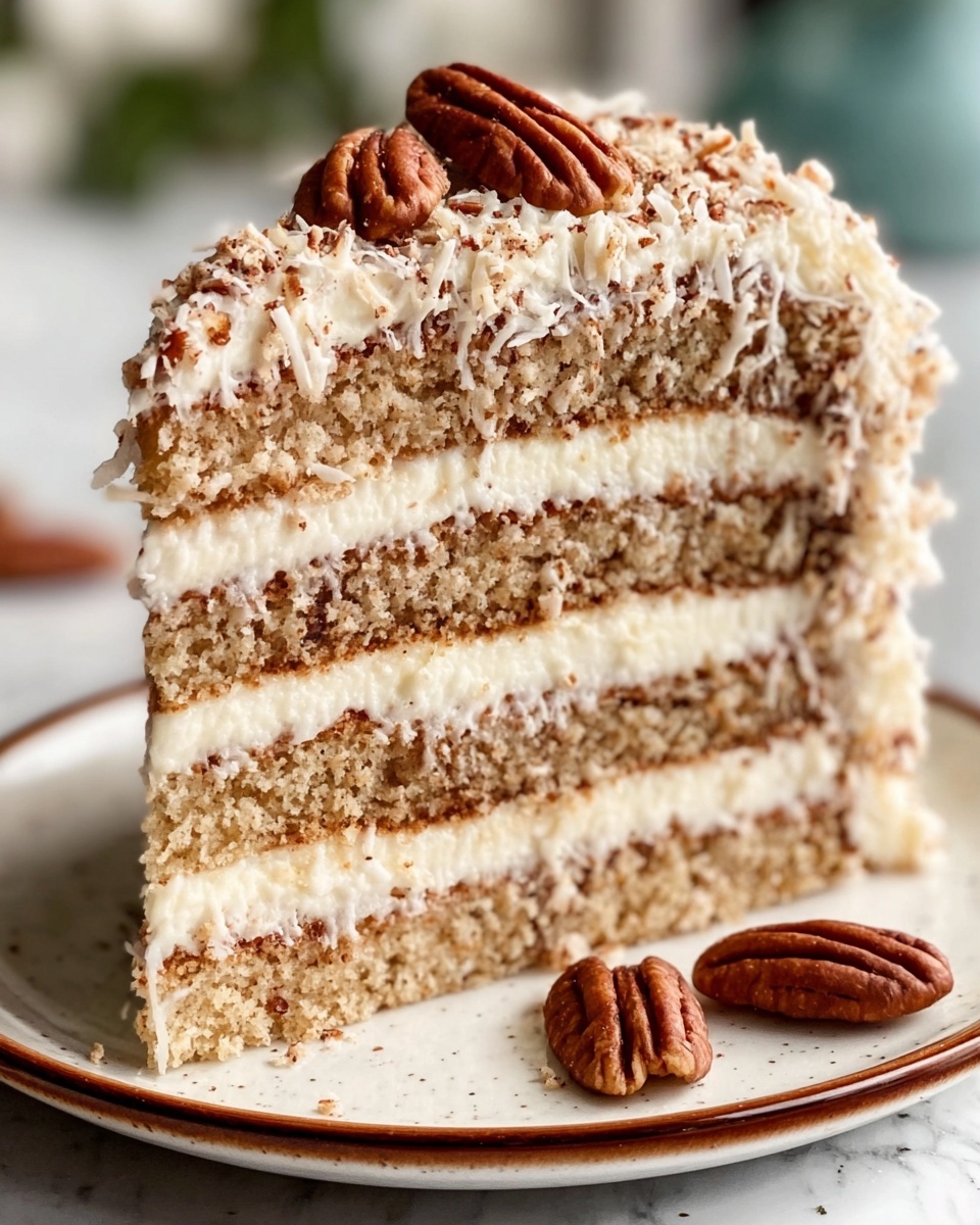 This is a tall slice of layered cake on a white plate with a brown edge. The cake has five even layers of light brown sponge separated by creamy white frosting. The frosting between layers looks smooth and thick. The top of the cake slice is covered in more white frosting with a rough texture, sprinkled with small brown bits and two whole pecans standing on top. There are two extra pecans on the plate next to the cake slice. The plate is on a white marbled surface. Photo taken with an iphone --ar 4:5 --v 7