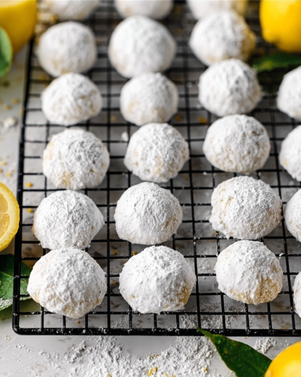 The image shows small round cookies covered fully in white powdered sugar arranged in neat rows on a black wire cooling rack. The cookies have a slightly rough texture under the sugar, and some scattered powdered sugar rests on the surface below the rack. The background is a white marbled texture with faint hints of lemons and green leaves partially visible around the edges, adding a fresh, natural touch. Photo taken with an iphone --ar 4:5 --v 7