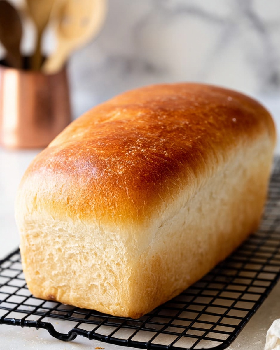 A golden brown loaf of bread with a smooth, slightly shiny crust sits on a black cooling rack. The bottom and sides of the loaf show a soft, light beige texture with a few small air pockets, while the top is a warm amber color with a subtle crisp surface. The background features a white marbled texture with a copper measuring cup and wooden-handled utensils blurred in the distance. photo taken with an iphone --ar 4:5 --v 7