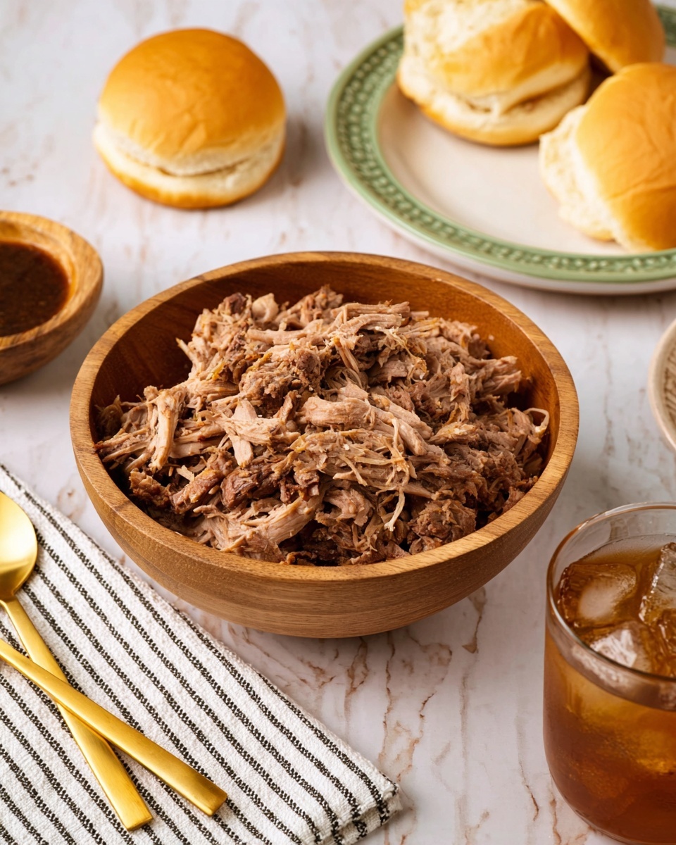 A wooden bowl filled with shredded brown meat sits in the center, showing soft and fibrous texture. Around the bowl are white bread sandwich buns with a shiny golden top, some plain and one partially assembled with the shredded meat inside on a white plate with a green rim. To the side, two small golden spoons rest on a white cloth with black stripes spread over a white marbled surface. In the front right corner, a clear glass holds a brown iced drink with visible ice cubes. In the background, a small wooden bowl contains a dark sauce. Photo taken with an iphone --ar 4:5 --v 7