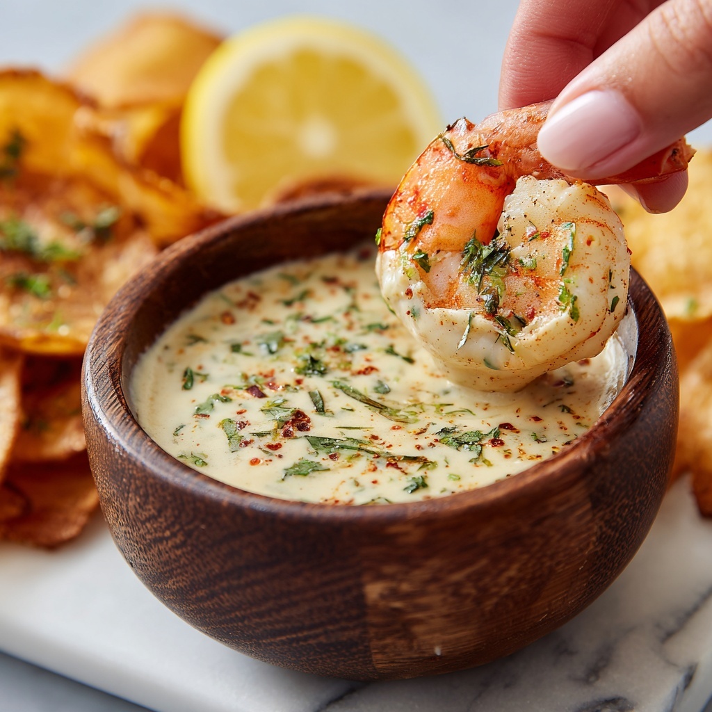 A close-up view of a small, round, dark wooden bowl filled with a creamy, light beige dipping sauce speckled with green herbs and reddish spices, resting on a white marbled surface. A woman's hand is dipping a pink and white shrimp with visible seasoning into the sauce. Around the bowl, there are a few crispy, golden-brown potato chips and some blurred fried food items in the background, along with a bright yellow lemon. Two silver spoons are placed on a white and blue striped cloth beside the bowl. Photo taken with an iphone --ar 4:5 --v 7