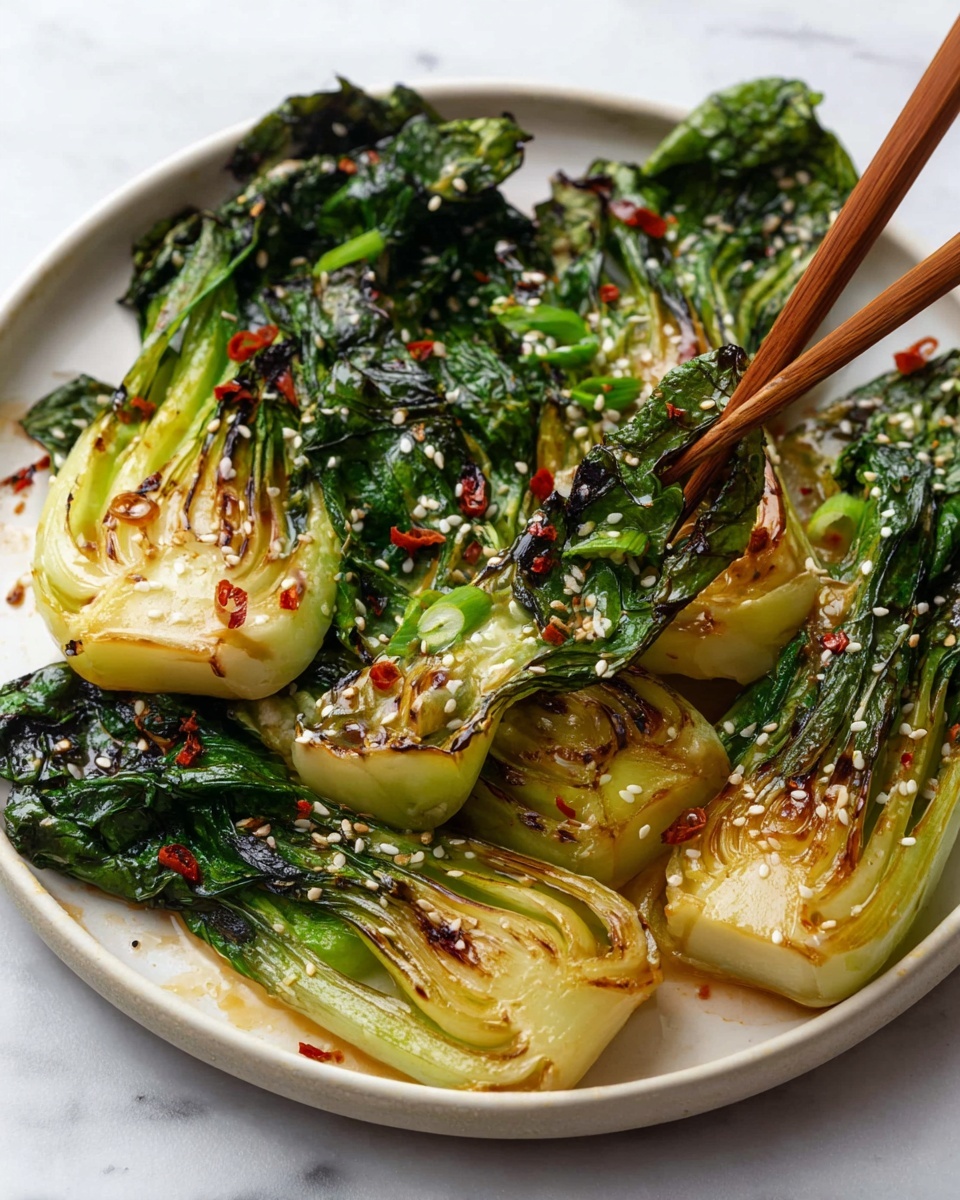 The dish shows several pieces of cooked bok choy arranged on a white plate, placed on a white marbled surface. Each bok choy piece has a thick pale green base with slightly charred and caramelized edges, with dark green leafy tops that appear soft and cooked with some parts slightly wilted. White sesame seeds are sprinkled over the bok choy, adding texture, along with small bits of red chili flakes. Near the right edge, a pair of wooden chopsticks is holding one piece of bok choy. The overall look is shiny with a light glaze, indicating some sauce or oil coating. Photo taken with an iphone --ar 4:5 --v 7