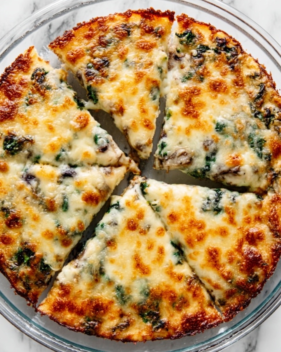 A round pizza is shown with visible slices cut into it, placed on a clear glass plate on a white marbled surface. The pizza has a golden brown melted cheese layer on top with some spots slightly darker from baking. Below the cheese, there are bits of green leafy vegetables spread evenly. The pizza crust is thin and light brown, visible around the edges. The cheese looks soft and slightly bubbly, covering the whole pizza surface. Photo taken with an iphone --ar 4:5 --v 7