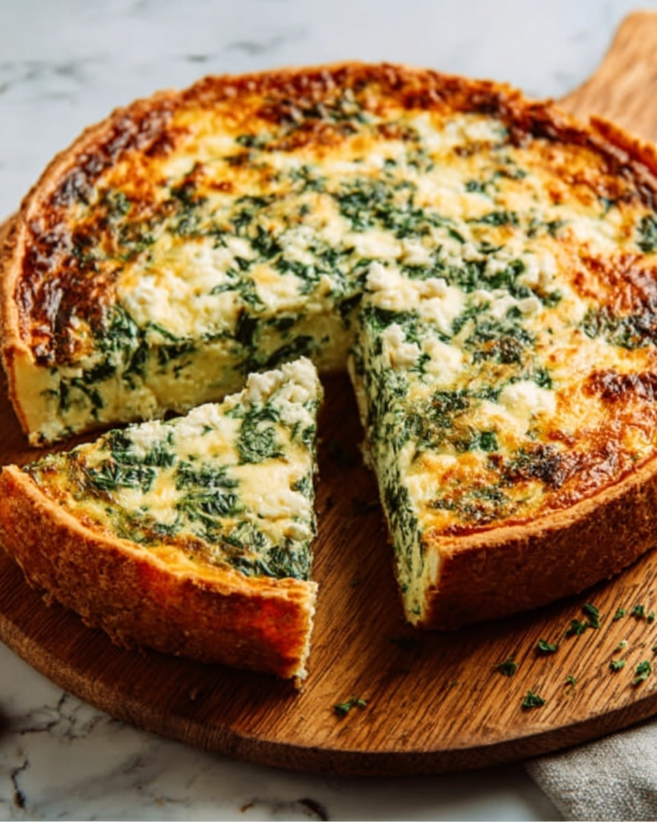 A thick, round quiche with a golden-brown crust sits on a wooden board against a white marbled background. The quiche is filled with a creamy mixture that has visible green spinach bits spread evenly throughout. One large slice has been removed, revealing the smooth, moist interior filled with spinach and cheese, while the rest of the quiche remains whole and slightly puffed. The top layer is browned and slightly textured, showing a blend of melted cheese and spinach. A woman's hand is gently holding the board near the quiche. Photo taken with an iphone --ar 4:5 --v 7