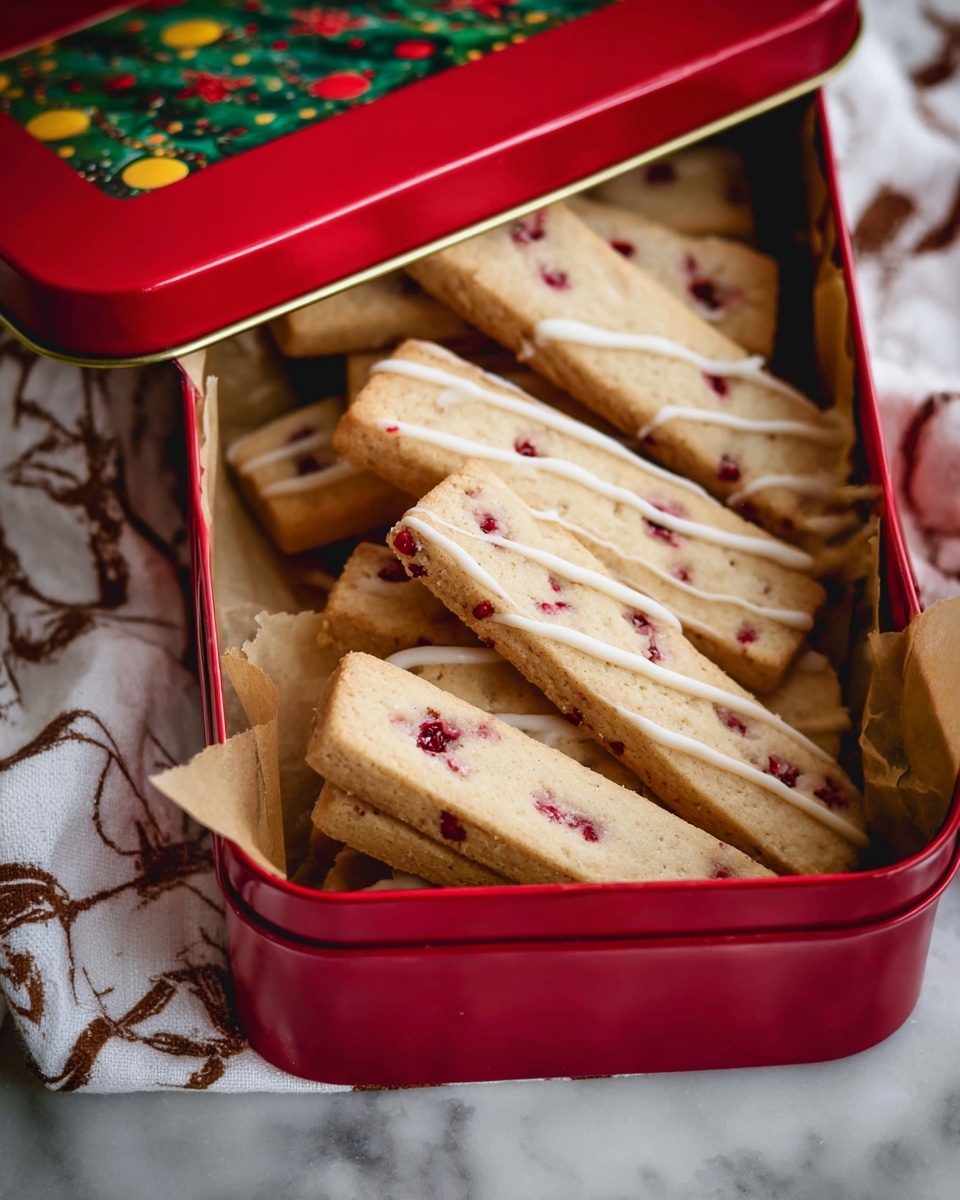 Inside a red tin lined with brown paper, there are several light beige rectangular cookies with small red berry pieces baked into them. Each cookie is decorated with thin white zigzag lines of icing on the top surface. The tin is set on a white marbled surface, partially covered by a white cloth with brown holiday-themed patterns. The tin lid has a window showing part of a green Christmas tree with yellow and red decorations. photo taken with an iphone --ar 4:5 --v 7