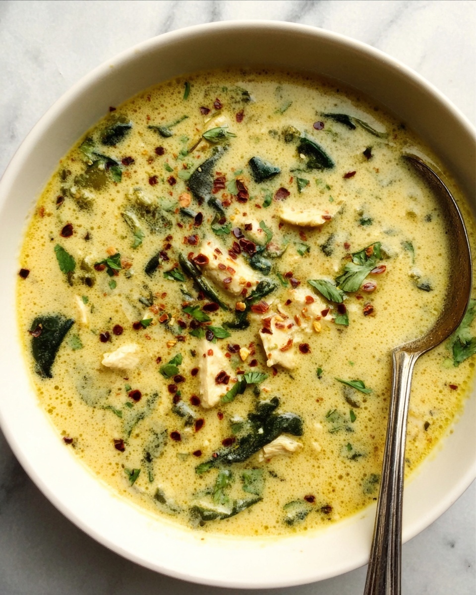 A white bowl filled with a creamy light yellow soup with visible pieces of soft chicken and spinach leaves. The soup surface is sprinkled with red chili flakes and small green herb bits. A silver spoon rests on the right side inside the bowl, placed on a white marbled surface. Photo taken with an iphone --ar 4:5 --v 7