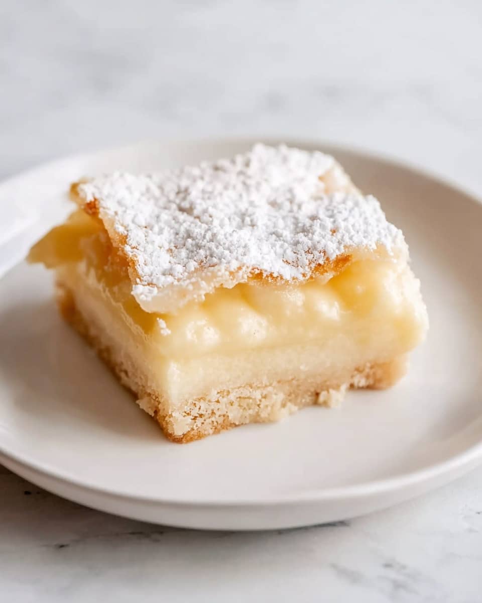 The image shows a square piece of dessert on a white plate sitting on a white marbled surface. The dessert has two layers: the bottom layer is a firm, crumbly crust with a light brown color, and the top layer is a thick, smooth, pale yellow filling that looks creamy and soft. The top layer is sprinkled lightly with powdered sugar, adding a fine white dusting texture. The photo is taken with an iphone --ar 4:5 --v 7