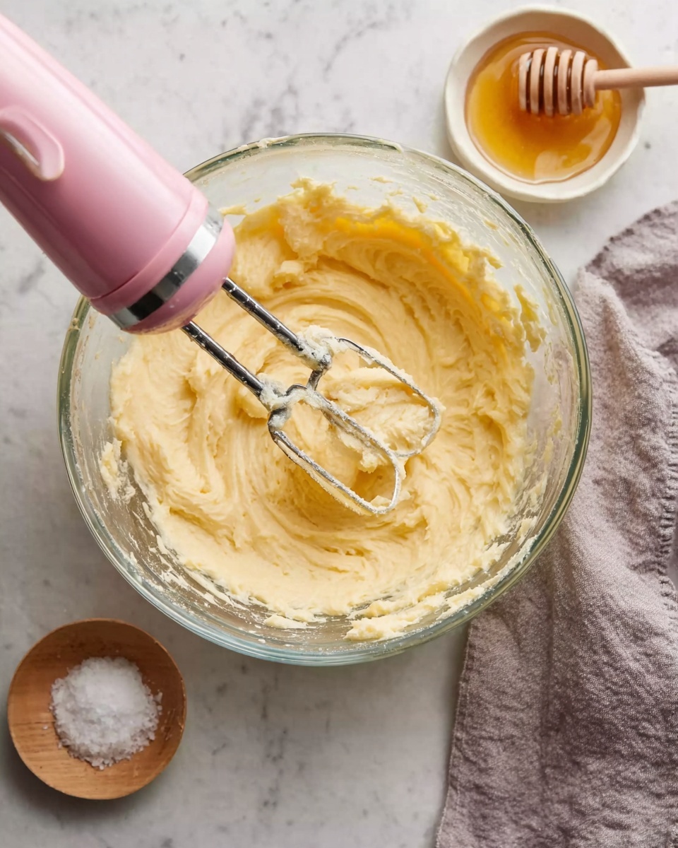 A clear glass bowl filled with thick, creamy, pale yellow batter or frosting, with a pink electric hand mixer inserted and its beaters covered in the mixture; next to the bowl is a small round white bowl containing coarse salt and a small round clear bowl holding golden honey with a wooden honey dipper resting on top, all placed on a white marbled surface with a folded gray cloth nearby. photo taken with an iphone --ar 4:5 --v 7