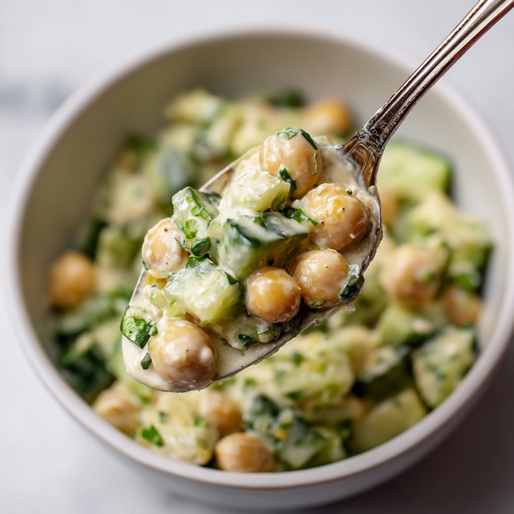A close-up image of a spoonful of salad showing round chickpeas and small, bright green broccoli pieces all coated in a creamy, pale sauce. The spoon is shiny and metallic, held by a woman's hand, with more of the salad blurred in the white marbled background. The colors are soft with creamy beige and fresh green tones, and the texture looks smooth and slightly chunky. photo taken with an iphone --ar 4:5 --v 7