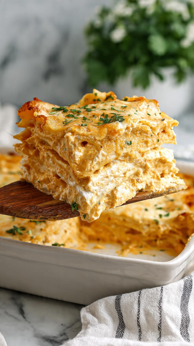 A slice of creamy lasagna is shown being lifted with a wooden spatula, revealing multiple layers inside. The lasagna has thick pasta sheets layered with white ricotta cheese mixed with herbs, and light orange sauce, possibly cheese or cream-based, giving it a soft texture. The top layer is golden brown with melted cheese and small green herb sprinkles. The background shows more of the lasagna in a white dish, on a white marbled surface, with a blurred green plant and a white and gray striped cloth in soft focus. Photo taken with an iphone --ar 4:5 --v 7