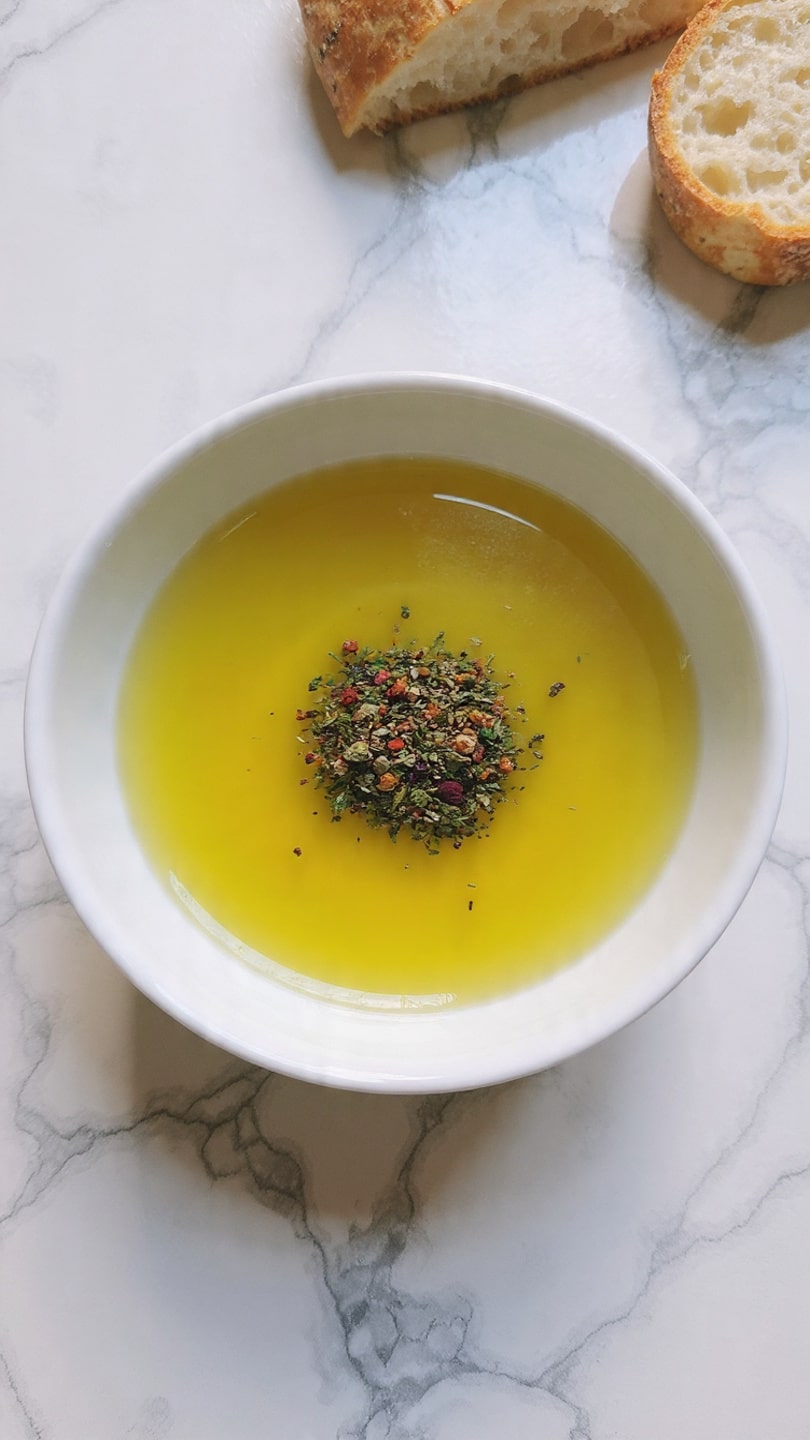 A shallow white bowl holds a clear golden yellow layer of olive oil with a small pile of mixed dried herbs and spices in the center, creating a textured spot of green, brown, and red bits on top. The bowl sits on a white marbled surface, with blurred pieces of crusty bread around it, suggesting it’s for dipping. The light reflects softly off the smooth oil surface, making it look warm and inviting. photo taken with an iphone --ar 4:5 --v 7