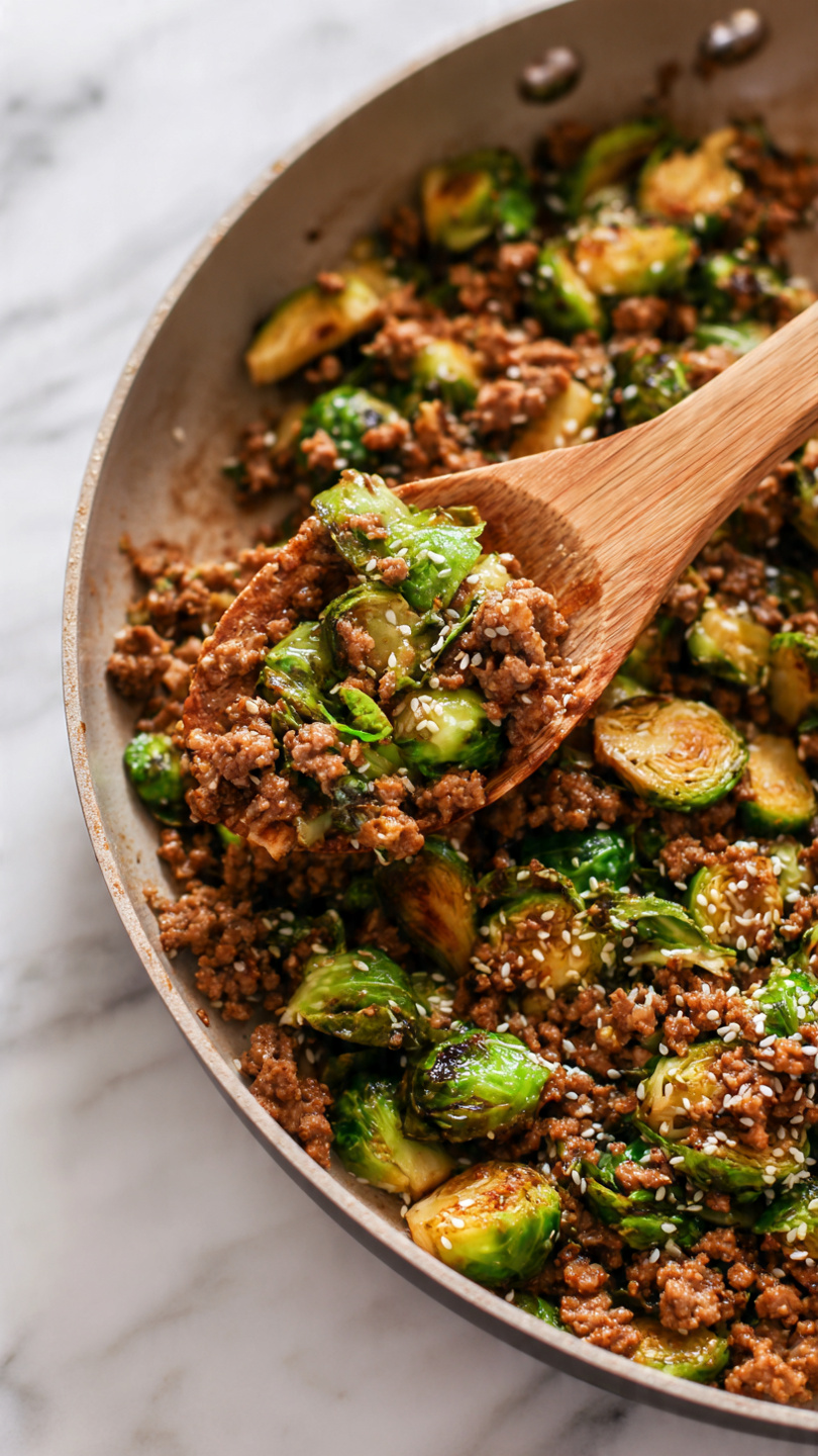 This image shows a close-up of cooked ground meat mixed with halved Brussels sprouts. The dish is rich brown from the seasoned meat with some crisp, golden-yellow edges on the sprouts. Small white sesame seeds are sprinkled across the mixture, adding texture contrast. A wooden spoon scoops up a portion, showing a mix of browned meat and slightly charred green and yellow Brussels sprout leaves. The background is a white marbled surface, enhancing the warm tones of the food. Photo taken with an iphone --ar 4:5 --v 7
