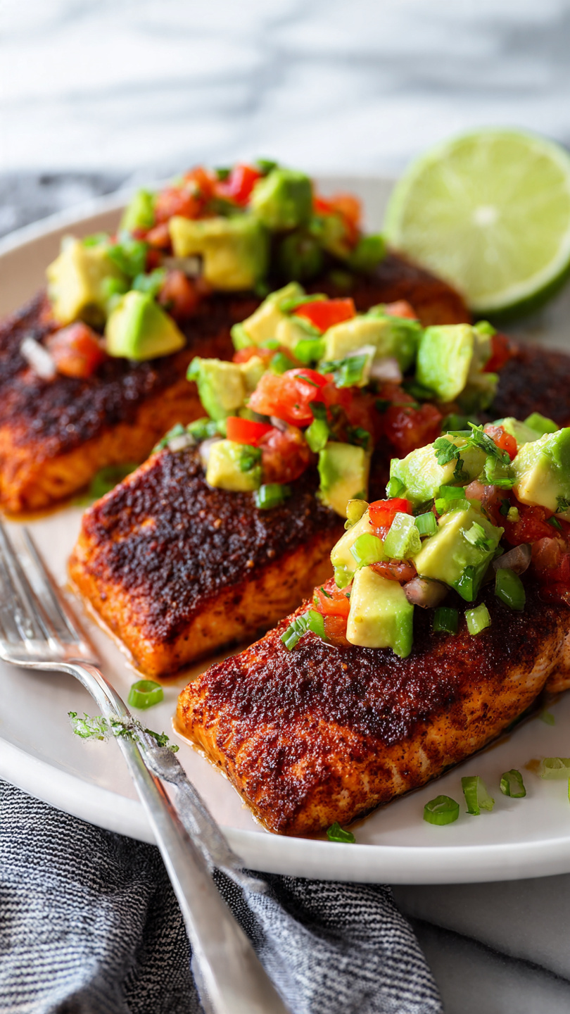 Three cooked salmon fillets with a crispy reddish-brown crust lie on a white plate. Each fillet is topped with a chunky salsa made of bright green avocado pieces, small red tomato bits, and chopped green onions. A halved lime rests on the top right edge of the plate. A silver fork is placed near the lower left side, and a gray and white striped cloth is partially visible under the plate. The background is a white marbled texture. photo taken with an iphone --ar 4:5 --v 7