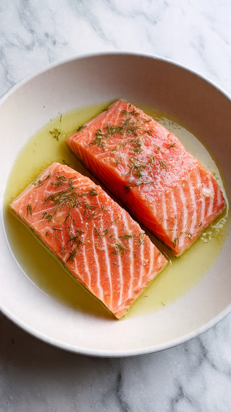Two large pieces of pink-orange salmon fillets lay side by side in the middle of a white bowl. The fillets have a shiny and smooth texture with some green bits and a clear light yellow liquid sauce surrounding them. The bowl rests on a white marbled textured surface. photo taken with an iphone --ar 4:5 --v 7