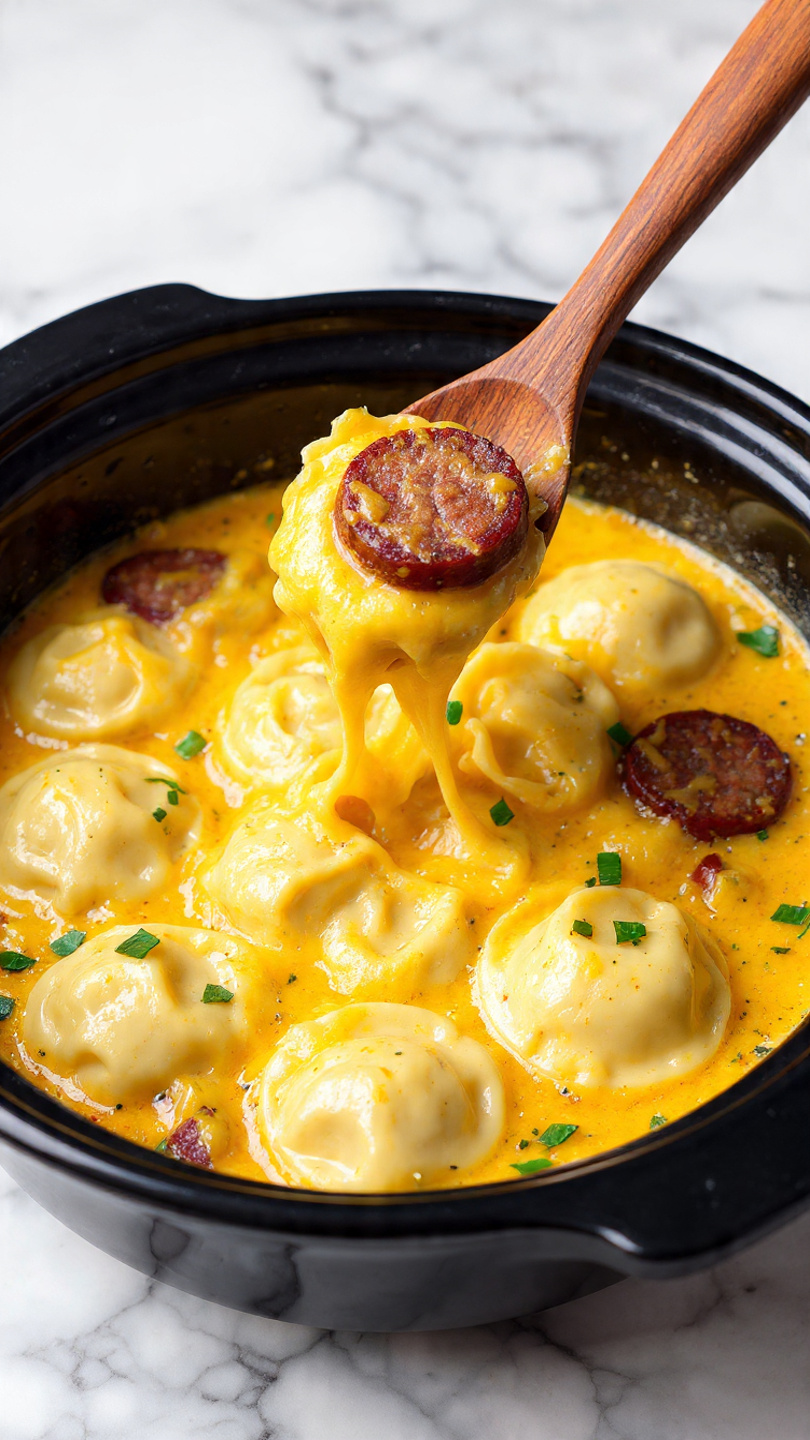 Inside a black slow cooker, there is a creamy, light beige sauce with several round ravioli covered by melted orange-yellow cheese on top. Sliced brown sausages are scattered both around the edges and on top of the ravioli. Small pieces of bright green chopped scallions are sprinkled evenly over the dish. The slow cooker sits on a white marbled surface, with a wooden spoon positioned to the right and a white bowl filled with shredded cheese in the upper right corner. Photo taken with an iphone --ar 4:5 --v 7