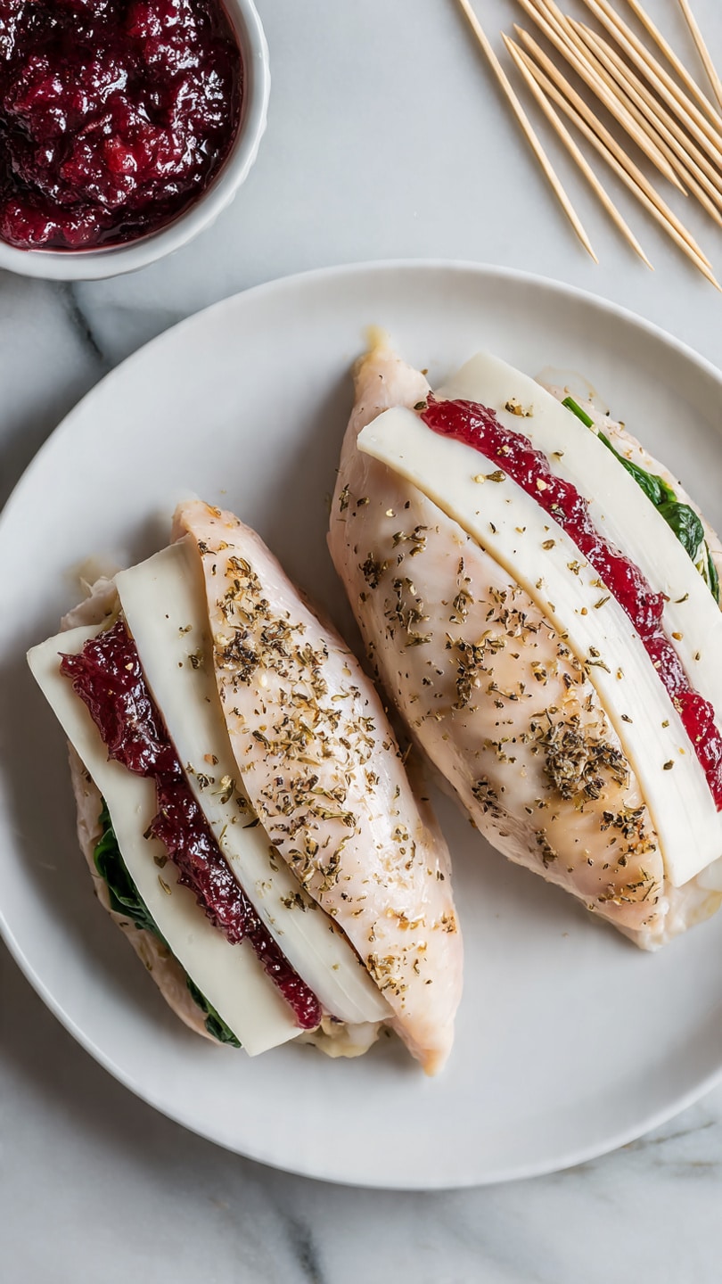Two raw chicken fillets are placed side by side on a white plate over a white marbled surface. Each fillet has been sliced open to form a pocket filled with three visible layers: the bottom layer is a red cranberry sauce, the middle layer is a mix of cooked green spinach and small light green or white onion pieces, and the top layer is a thick white slice of soft cheese. The chicken fillets are seasoned with black pepper and dried herbs scattered on top. To the top left of the plate, there is a small white bowl filled with extra red cranberry sauce, and to the top right, several wooden toothpicks are spread on the surface. Photo taken with an iphone --ar 4:5 --v 7