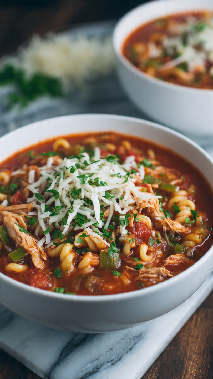 A white bowl filled with a thick tomato-based stew, showing shredded pieces of brown chicken mixed with diced green peppers and small pasta shapes. The stew is topped with white shredded cheese and finely chopped green herbs, giving a fresh look. In the blurred background, another white bowl with the same stew sits on a dark wooden surface with white shredded cheese scattered nearby, all placed on a white marbled texture. photo taken with an iphone --ar 4:5 --v 7