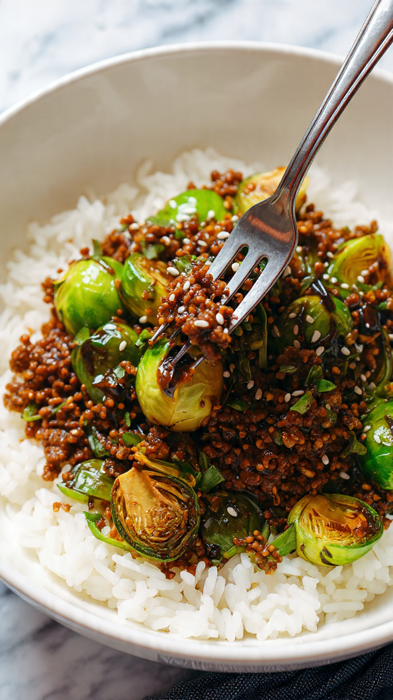 This close-up image shows a white plate filled with a base layer of fluffy white rice. On top of the rice, there is a thick layer of cooked ground meat that looks brown and slightly sticky with some glossy sauce coating it. Mixed with the meat are roasted Brussels sprouts that have a golden-yellow color with browned, crispy edges. Small white sesame seeds are sprinkled evenly over the meat and Brussels sprouts, adding texture and contrast. A metal fork is lifting some of the meat and Brussels sprouts, making the layers and textures more visible against the white marble surface background. photo taken with an iphone --ar 4:5 --v 7