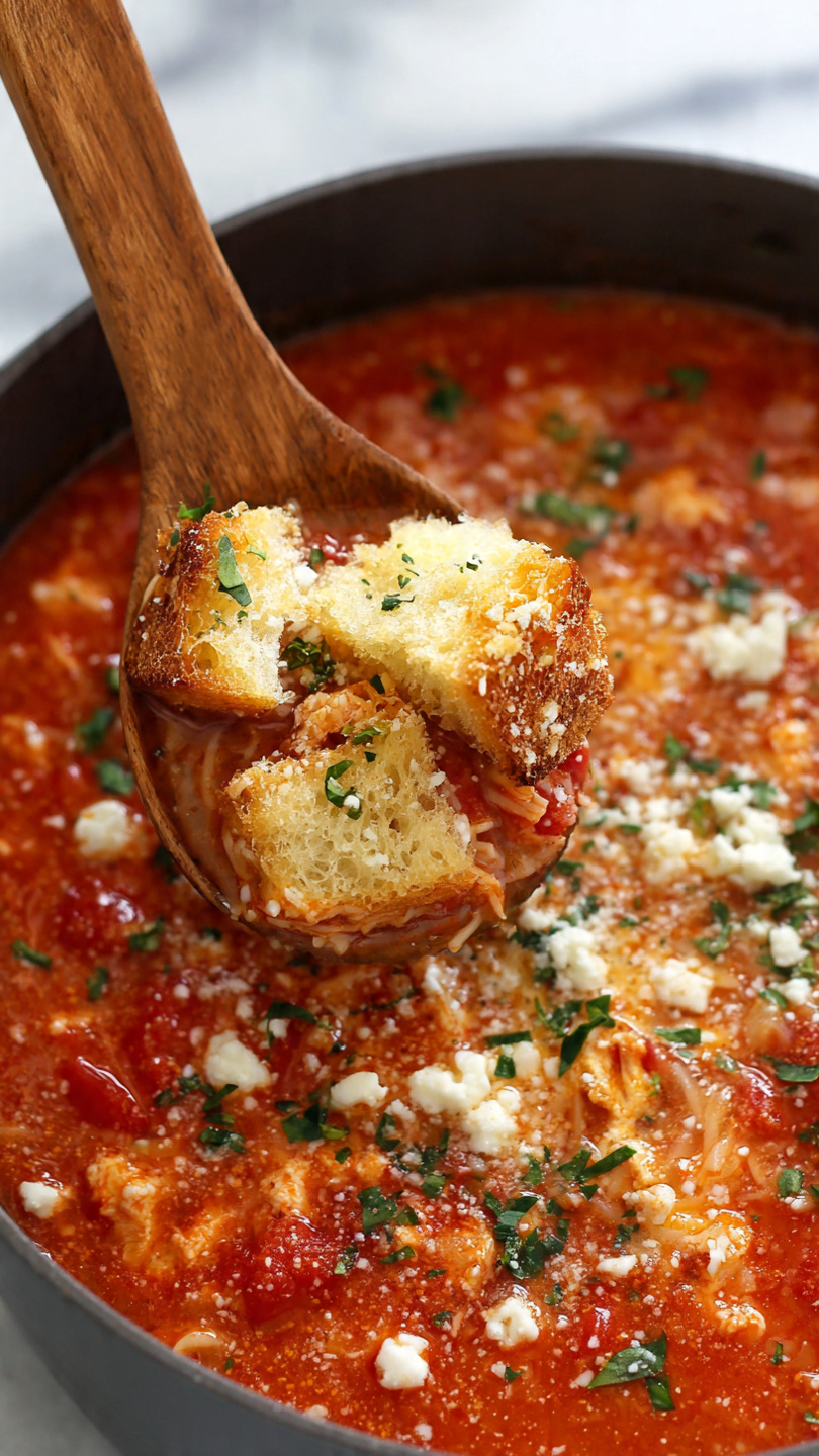 A pot filled with thick red tomato soup that has visible bits of soft pasta, sprinkled with small grated white cheese clusters and chopped green herbs, topped with golden brown, crisp croutons floating on top; a wooden spoon scoops a portion showing the layered mix of soup, cheese, herbs, and croutons, all set against a white marbled surface photo taken with an iphone --ar 4:5 --v 7