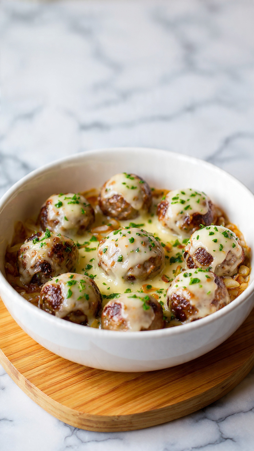 The image shows a black cast iron pan filled with round meatballs placed evenly in two circles: an outer ring of ten meatballs and one in the center. Each meatball is topped with melted white cheese that looks soft and smooth. The meatballs sit on a base of cooked golden-brown onions spread out inside the pan, with some cheese melted between them. The pan is placed on a wooden board, and the background features a white marbled surface. Small green herb pieces are sprinkled on top of the cheese and meatballs for a fresh touch. photo taken with an iphone --ar 4:5 --v 7