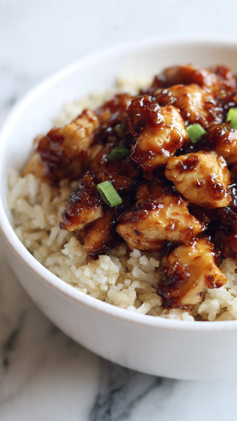 A close-up view of a black bowl filled with two layers: the bottom layer is light brown cooked rice with a soft, slightly fluffy texture, and the top layer is shiny, dark brown glazed chicken pieces with a caramelized look and charred edges, garnished with small bright green chopped spring onions scattered unevenly on top. The bowl sits on a white marbled surface. photo taken with an iphone --ar 4:5 --v 7