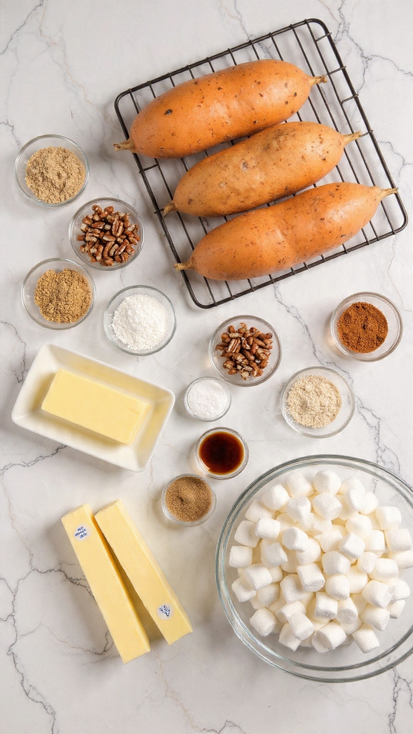 The image shows ingredients laid out on a white marbled surface for a sweet potato dish. In the center, four large orange sweet potatoes sit on a black wire rack. Surrounding them are several small clear glass bowls filled with light brown sugar, chopped pecans, white flour, white salt, cinnamon, and a brown spice mix in a white square bowl. There are two sticks of pale yellow butter with blue labels placed next to a small glass bowl of dark amber vanilla extract. Nearby, a large clear glass bowl is filled with many small white marshmallows. photo taken with an iphone --ar 4:5 --v 7