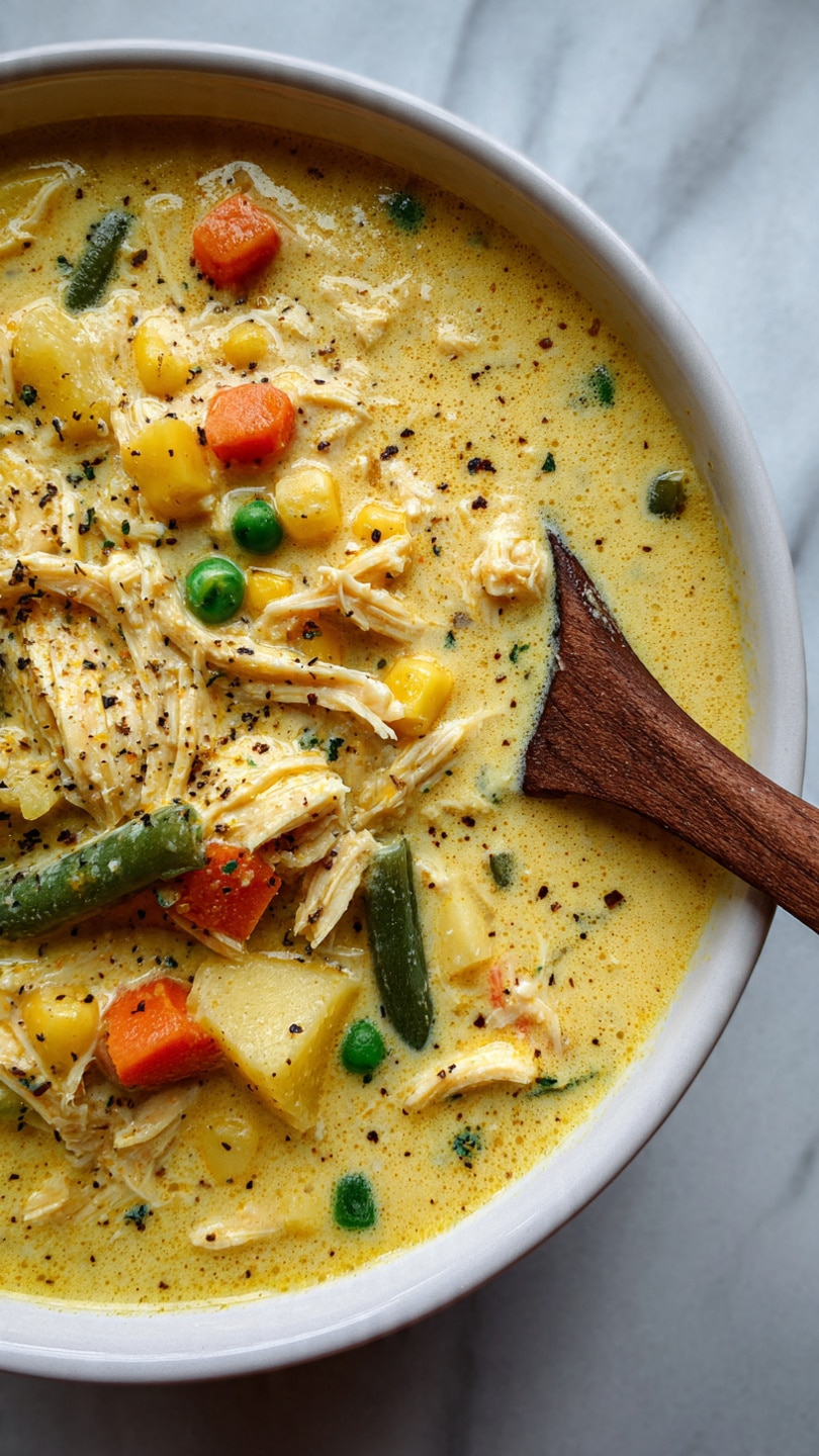 A close-up view of a creamy soup with three main visible layers: the base is a thick yellow sauce with a smooth texture, the middle layer has chunks of light beige shredded chicken mixed with diced yellow potatoes, orange carrot cubes, green peas, green beans, and bits of yellow corn, all evenly spread throughout, and the top layer shows a wooden spoon resting inside the white bowl, partially covered by the soup, with small bubbles and black pepper specks scattered on the surface. The bowl is sitting on a white marbled surface photo taken with an iphone --ar 4:5 --v 7
