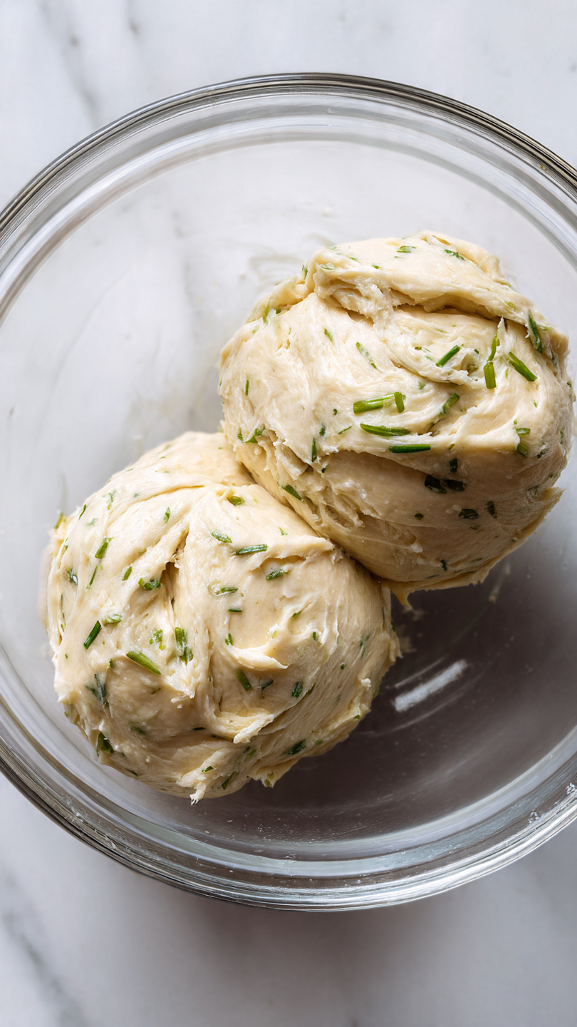 The image shows a close-up of two balls of dough in a clear glass bowl. The dough is creamy beige with small green herb pieces mixed in, giving it a slightly textured look. The balls are smooth but with gentle swirls and folds on the surface, showing softness and moisture. The bowl is placed on a white marbled surface. Photo taken with an iphone --ar 4:5 --v 7