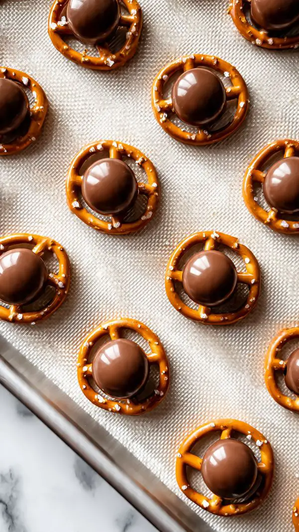 The image shows a baking tray covered with a white silicone mat which has a grid of small square pretzels arranged neatly in rows. On many of these pretzels, there is a single, smooth, round piece of milk chocolate placed right in the center. The chocolate pieces are shiny and slightly melting, creating a contrast with the crisp, light brown pretzels with their salt grains visible. The background is a white marbled texture. photo taken with an iphone --ar 4:5 --v 7