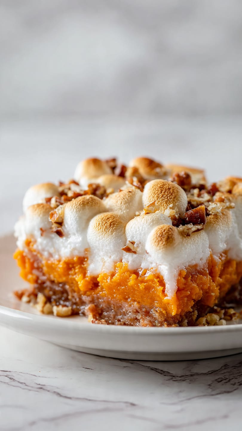 This dish shows two layers on a white plate with a white marbled surface in the background. The bottom layer is mashed sweet potatoes that are bright orange with a soft, slightly chunky texture. The top layer is a thick covering of toasted marshmallows that are light golden brown, fluffy, and some parts are melting and sticky. There are small bits of nuts mixed into the marshmallow layer, adding a darker brown color and crunchy texture. The marshmallows form an uneven, bumpy surface that looks soft and melted in spots. photo taken with an iphone --ar 4:5 --v 7