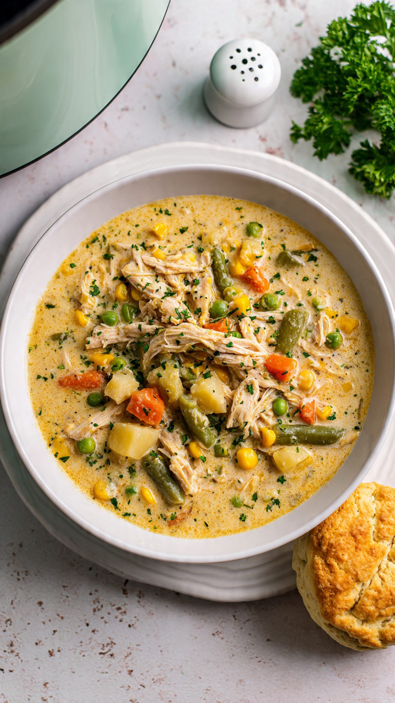A white bowl is filled with a thick creamy chicken stew that has visible layers of shredded chicken, yellow corn, green peas, orange carrot pieces, and fuzzy diced potatoes, mixed in a light beige sauce with flecks of black pepper and small green herb bits, sitting on a white marbled surface. A round golden biscuit with a slightly cracked top rests on the right edge of the bowl. In the upper left corner, a white slow cooker filled with the same stew and a wooden spoon partially submerged is visible. Fresh green parsley leaves are placed in the upper right corner, and salt and pepper shakers along with a fork with a white and red handle lie near the bottom. The photo taken with an iphone --ar 4:5 --v 7