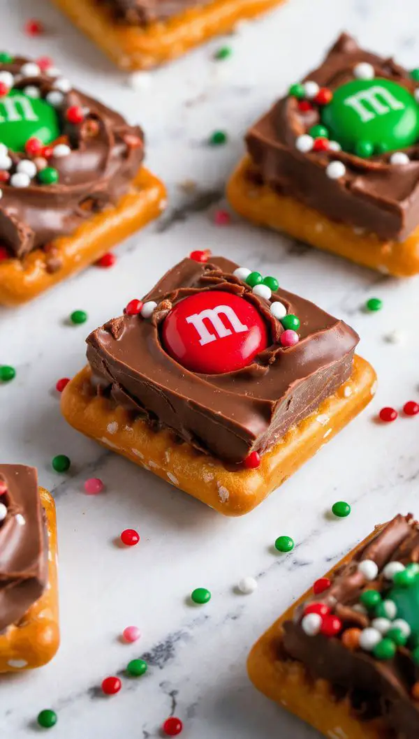 A close-up view of several small treats arranged on a white marbled surface, each consisting of a single square pretzel at the base, topped with a smooth layer of swirled chocolate that forms two visible layers, with a shiny red or green candy with a white