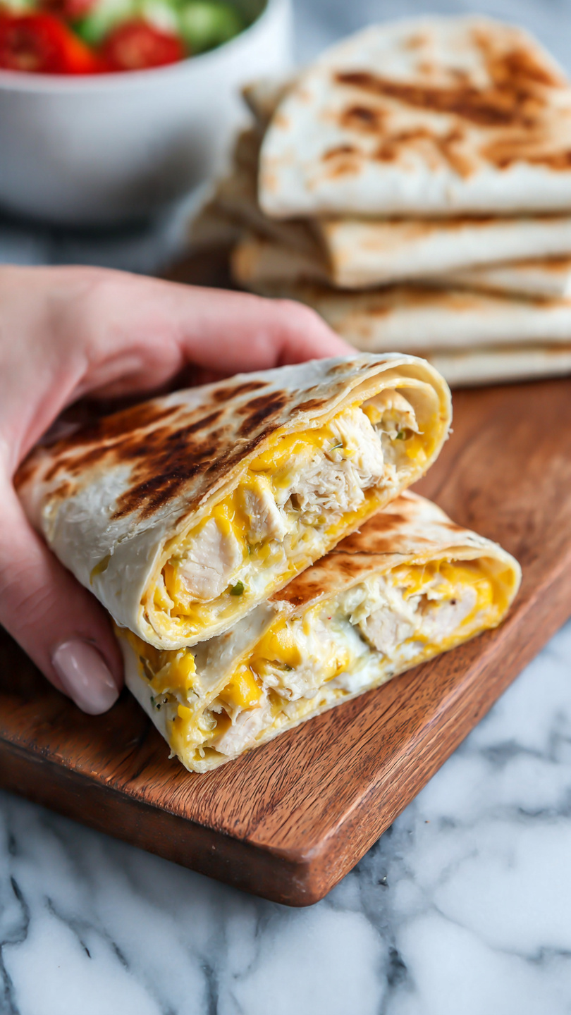 A woman’s hand holds a folded taco that is cut in half, showing three inside layers: a soft white tortilla on the outside with slight brown grill marks, a thick middle layer of melted yellow cheddar cheese glowing with softness, and underneath, a creamy white cheese mixed with shredded chicken visible in small pieces; the background shows more folded grilled tacos stacked on a wooden board, with a blurred white bowl containing red and green salad pieces on a white marbled surface. photo taken with an iphone --ar 4:5 --v 7