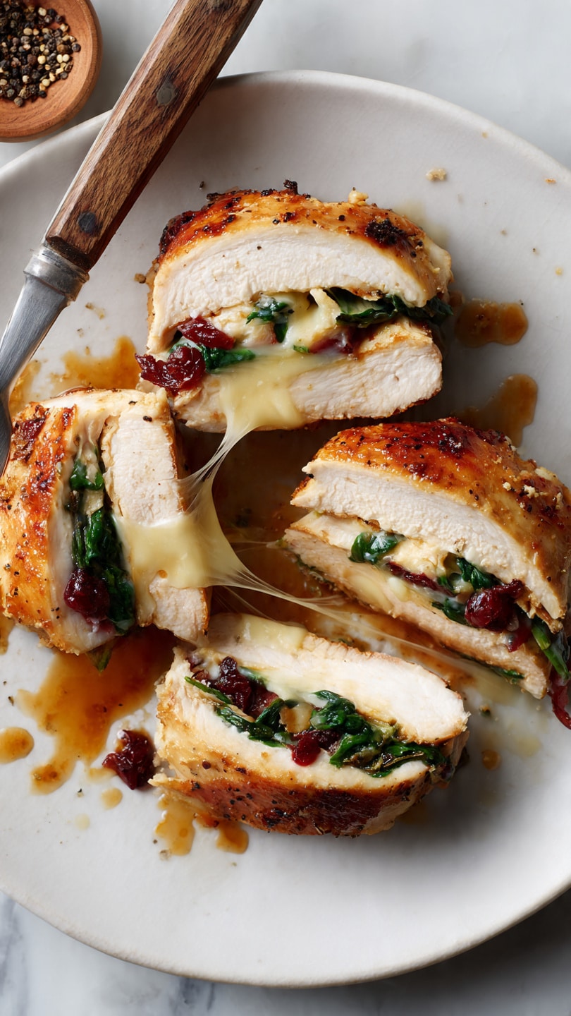 A white plate on a white marbled surface holds four thick slices of cooked chicken, arranged irregularly. Each slice shows three layers: the light golden-brown cooked exterior layer, a thick white inner meat layer, and a melting cheese layer mixed with green leafy spinach and red pieces of cranberry inside. A knife and fork with wooden handles rest on the plate, the fork piercing one slice, pulling it slightly apart to show melted cheese stretching between the layers. Small drops of brown sauce speckle the plate. In the top left corner, a wooden bowl filled with crushed black pepper is visible. Photo taken with an iphone --ar 4:5 --v 7