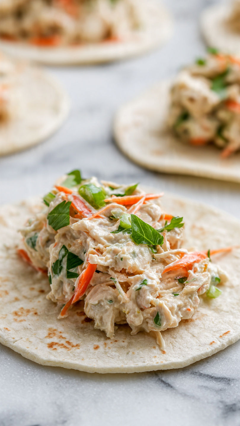A close-up view shows a soft, round, light beige tortilla on a white marbled surface. On top of the tortilla, there is a thick, uneven layer of chicken salad mix with a creamy texture, pale color with bits of orange carrot shreds, light green celery pieces, and darker green small herb flecks scattered throughout. In the background, blurred similar tortillas with chicken salad are visible, adding depth to the image. photo taken with an iphone --ar 4:5 --v 7