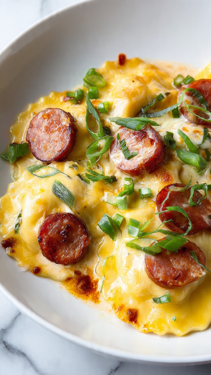 The image shows a close-up of ravioli pasta in a creamy orange sauce inside a black pot. The ravioli pieces are soft and slightly wrinkled, coated well with the sauce, and sprinkled with green herbs. There are round slices of brown sausage mixed evenly throughout the pasta. A spoon with a wooden handle and white scoop is lifting one ravioli piece with a sausage slice on top. The surface behind the pot is a white marbled texture photo taken with an iphone --ar 4:5 --v 7