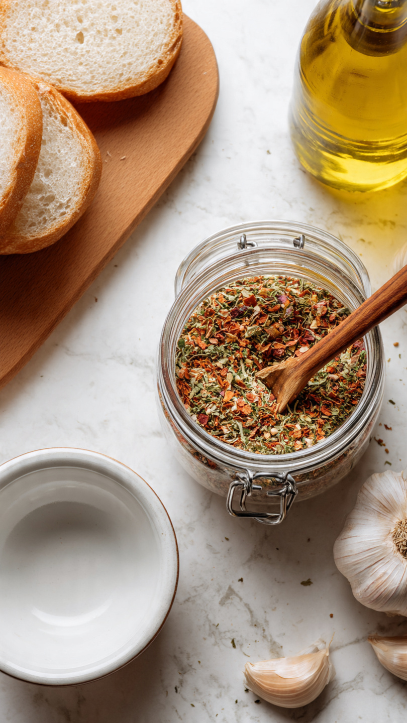 The image shows a small glass jar with a metal clasp lid open, filled with a colorful mix of dried herbs and spices in green, red, and brown tones, with a small wooden spoon inside. Next to the jar is a small empty white bowl with a smooth shiny texture. In the upper left corner, part of a wooden board with two pieces of light brown bread is visible. To the upper right, there is a whole garlic bulb and two garlic cloves nearby. On the right edge, there is a tall glass bottle filled with golden yellow olive oil. All items rest on a clean white marbled surface. photo taken with an iphone --ar 4:5 --v 7