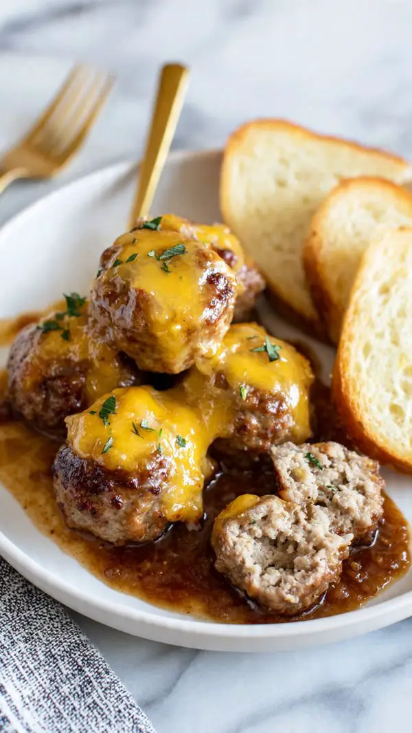 The image shows three round meatballs on a white plate. Two meatballs are whole topped with melted yellow cheese and small green herb pieces, and one meatball is cut in half to show its light brown inside with tiny green herbs. Beneath the meatballs is a thick, dark brown sauce with a slightly chunky texture. To the right side of the plate, there are two light beige toasted bread slices. A golden fork is placed near the cut meatball, resting on the sauce. The whole scene is set against a white marbled surface. photo taken with an iphone --ar 4:5 --v 7