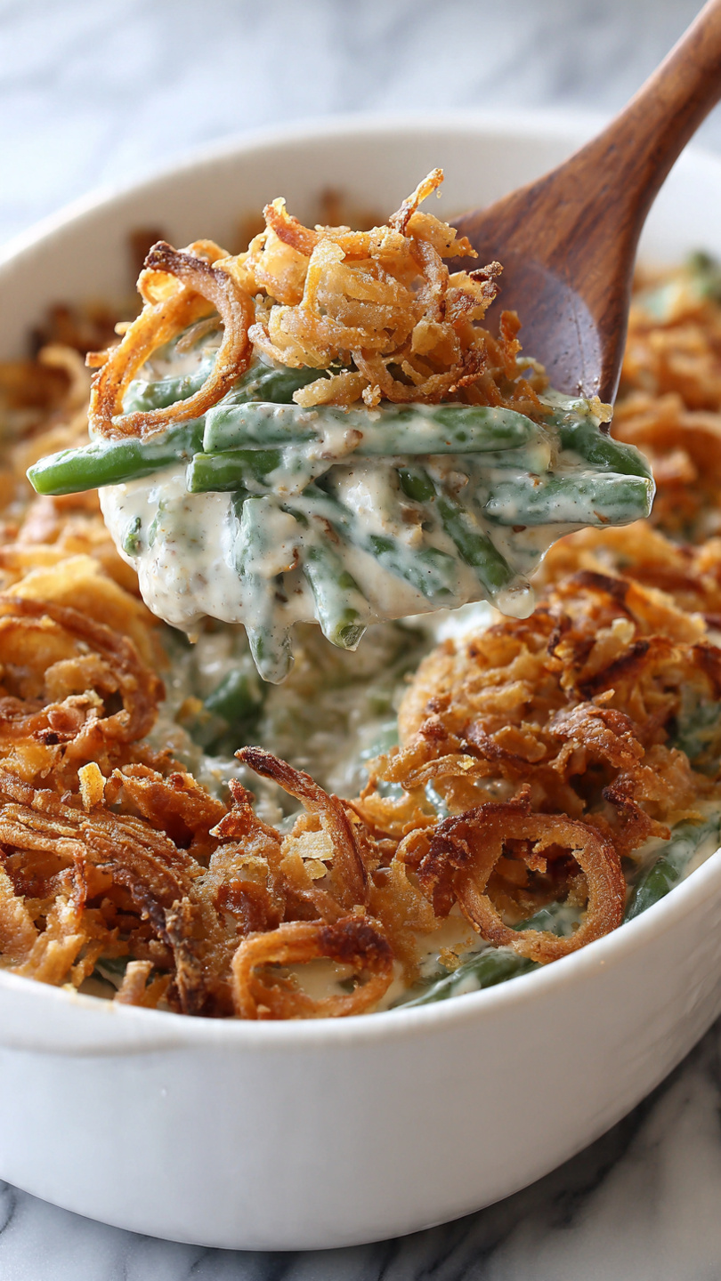 A white bowl filled with a creamy green bean casserole. The bottom layer shows tender, green beans covered in a light, creamy sauce. On top, there is a thick layer of golden brown crispy fried onions, giving a crunchy texture. A wooden spoon lifts a scoop of the casserole, showing the mix of green beans and sauce underneath the crispy topping. The bowl sits on a white marbled surface. Photo taken with an iphone --ar 4:5 --v 7