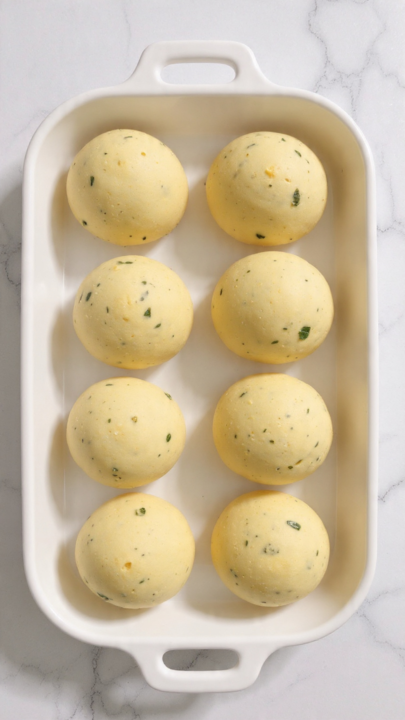 The image shows a white baking dish filled with twelve smooth, round dough balls, arranged in four rows of three. Each dough ball is light yellow in color with small green herb flecks evenly spread throughout the dough, giving a speckled effect. The dough balls have a shiny surface, suggesting they have been brushed with a glaze. The dish rests on a white marbled surface with a soft, neutral background. photo taken with an iphone --ar 4:5 --v 7
