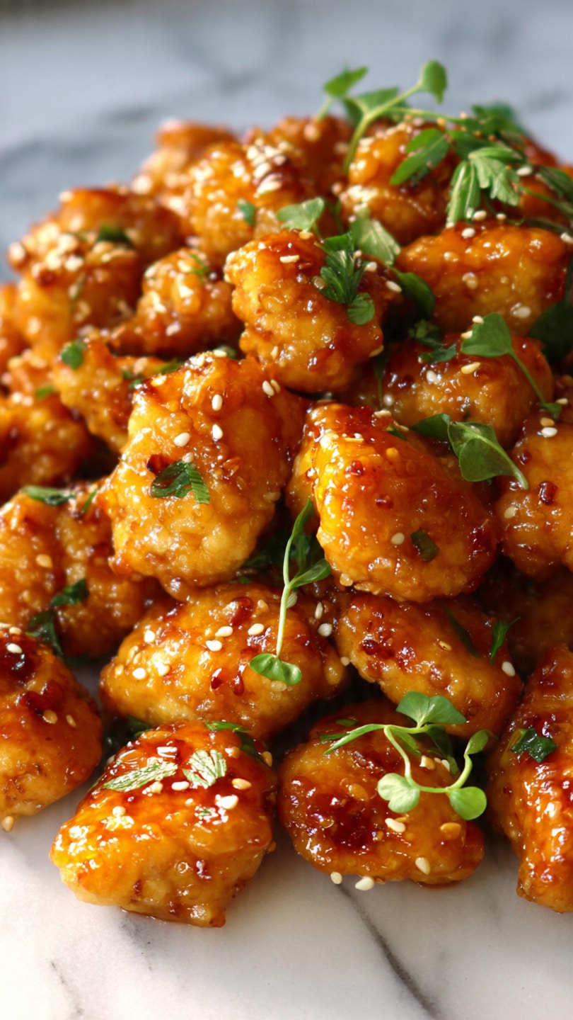 The image shows many small, golden-brown glazed chicken pieces, each coated with a shiny sauce that looks sticky and rich. The chicken pieces are closely packed together, with a sprinkle of small green herbs and sesame seeds on top, adding a fresh and slightly crunchy texture. The glaze catches light, making the chicken appear glossy and appetizing. The background is a white marbled surface. Photo taken with an iphone --ar 4:5 --v 7