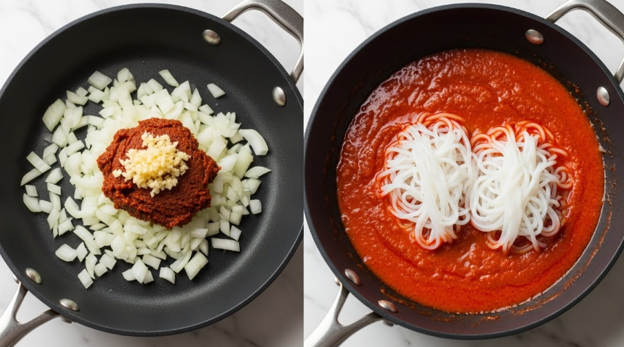 The first image shows a black pan with a mix of chopped white onions, minced garlic, and a reddish-brown paste placed on top in the center. The second image shows the same black pan filled with a thick, bright red sauce, with two white and slightly translucent mushroom clusters partly dipped in the sauce. Both images have a white marbled surface as the background. Photo taken with an iphone --ar 4:5 --v 7