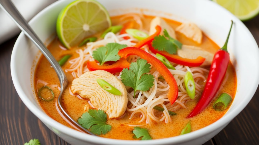 There are two side-by-side images of a black bowl on a white marbled surface, each showing a creamy orange soup. The first image shows the soup with some white shredded pieces in the center, mixed with the orange liquid and small red specks across the surface. The second image shows the same soup in the black bowl but now topped with a thick layer of chopped green herbs spread evenly over the orange soup. Photo taken with an iphone --ar 4:5 --v 7