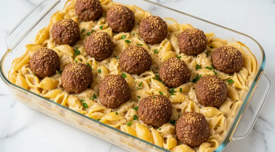 A white rectangular glass baking dish filled with a creamy pasta bake. The base layer is creamy, light beige sauce mixed with shell pasta, evenly spread. On top, there are browned meatballs scattered across the surface with a crispy outside. Small parsley leaves are sprinkled around the meatballs for color. The dish sits on a white marbled surface. photo taken with an iphone --ar 4:5 --v 7