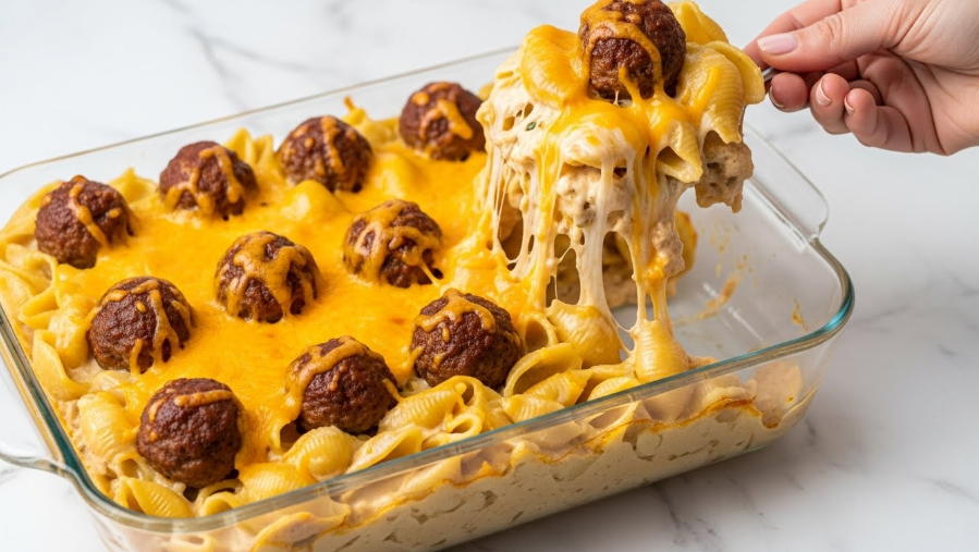 The image shows a close-up of a woman's hand lifting a serving of pasta with meatballs from a white rectangular dish. The pasta is thick and creamy with melted yellow cheese covering the top layer, stretching as it is lifted. Below the cheese, the pasta looks soft and coated in a cheesy sauce with a slightly golden color. The dish is full of round, browned meatballs nestled among the pasta. The background surface is a white marbled texture. The overall look is warm and cheesy, with textures from the melted cheese and the firm meatballs photo taken with an iphone --ar 4:5 --v 7