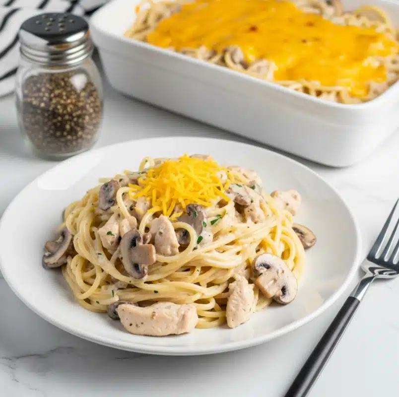 A white rectangular baking dish filled with a creamy, cheesy casserole. The top layer is golden yellow melted cheese sprinkled with small pieces of chopped green herbs. Below that, soft white shredded chicken mixed with a creamy white sauce is visible where a woman’s hand holding a fork lifts a portion from the dish. The casserole sits on a white marbled surface, next to a small bunch of fresh green parsley and a blue and white checkered cloth. Photo taken with an iphone --ar 4:5 --v 7